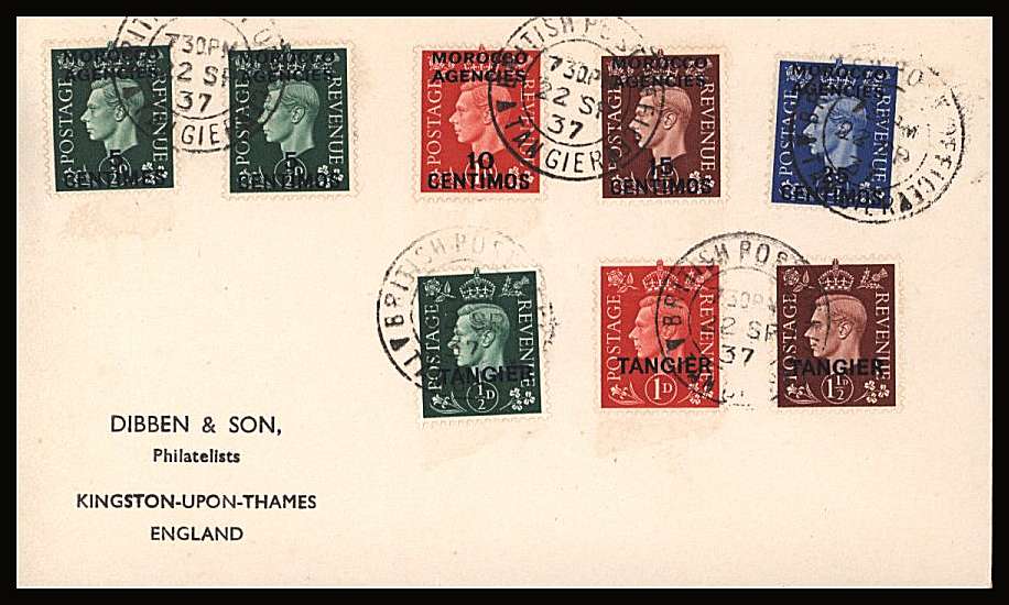 The ½d Green to 1½d Red-Brown complete set of three plus MOROCCO AGENCIES low values on a crisp DIBBEN cover cancelled with BRITISH POST OFFICE - TANGIER double ring CDS dated 22 SP 37.
