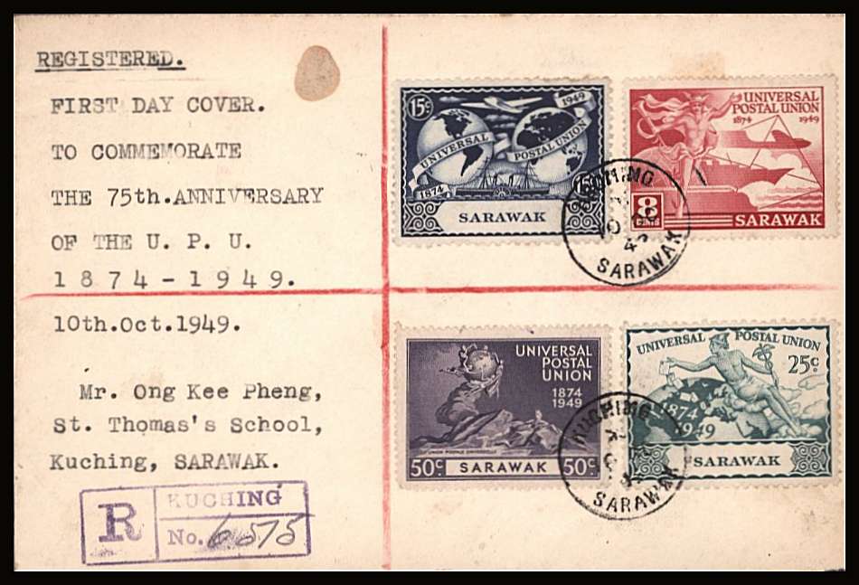 The Universal Postal Union set of four on a First Day Cover. The cover has a hozizontal crease above and clear of the stamps.