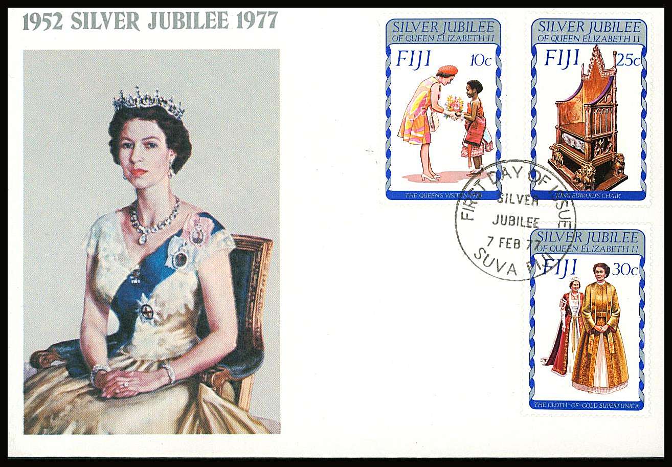 The Silver Jubilee set of three on a small neat colour First Day Cover.