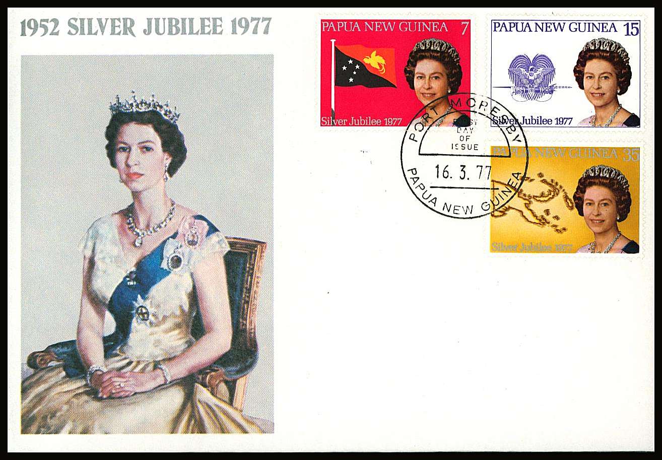 The Silver Jubilee set of three on a small neat colour First Day Cover.