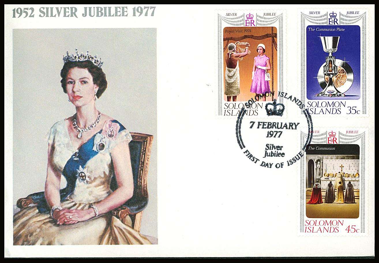 The Silver Jubilee set of three on a small neat colour First Day Cover.