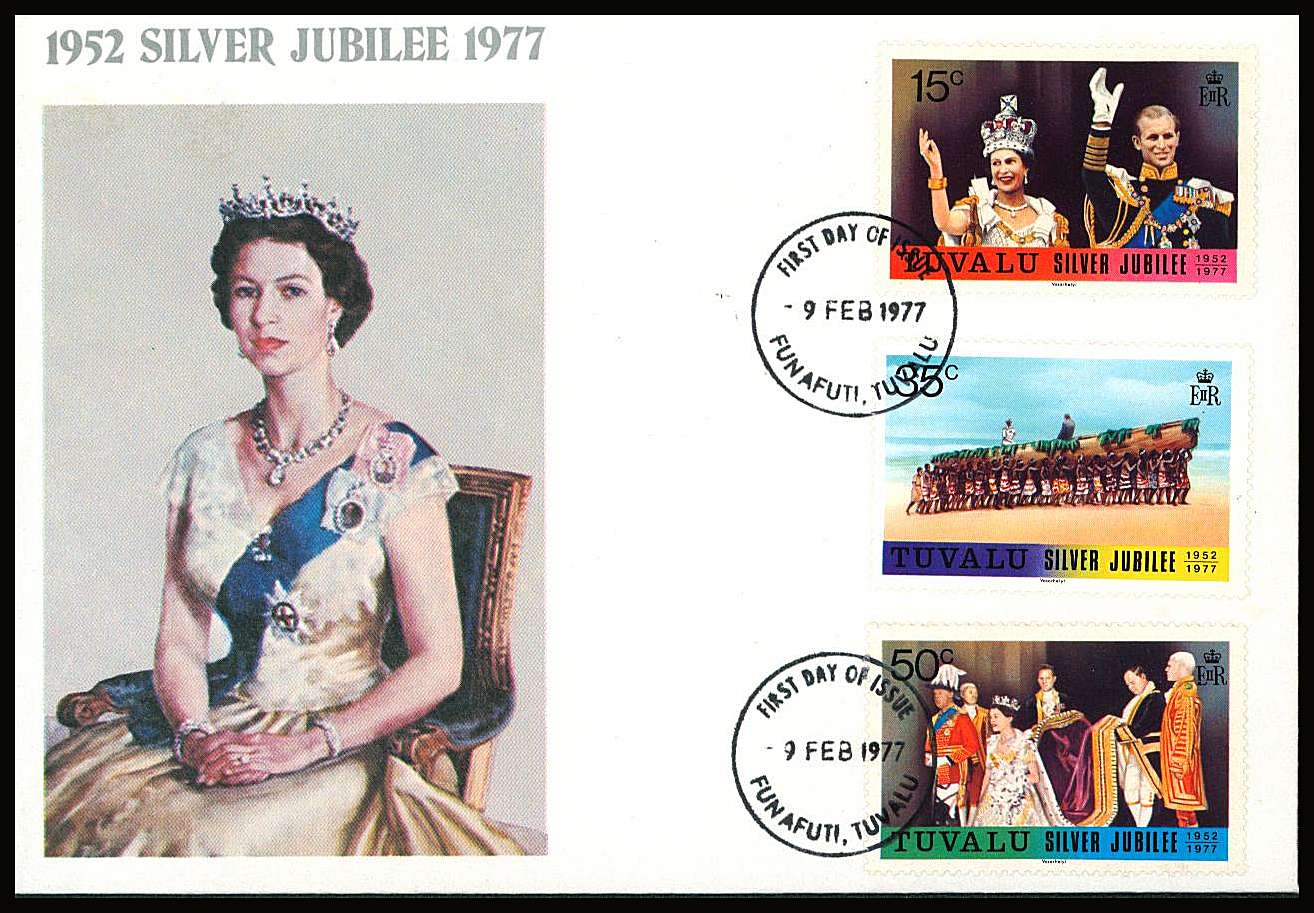 The Silver Jubilee set of three on a small neat colour First Day Cover.