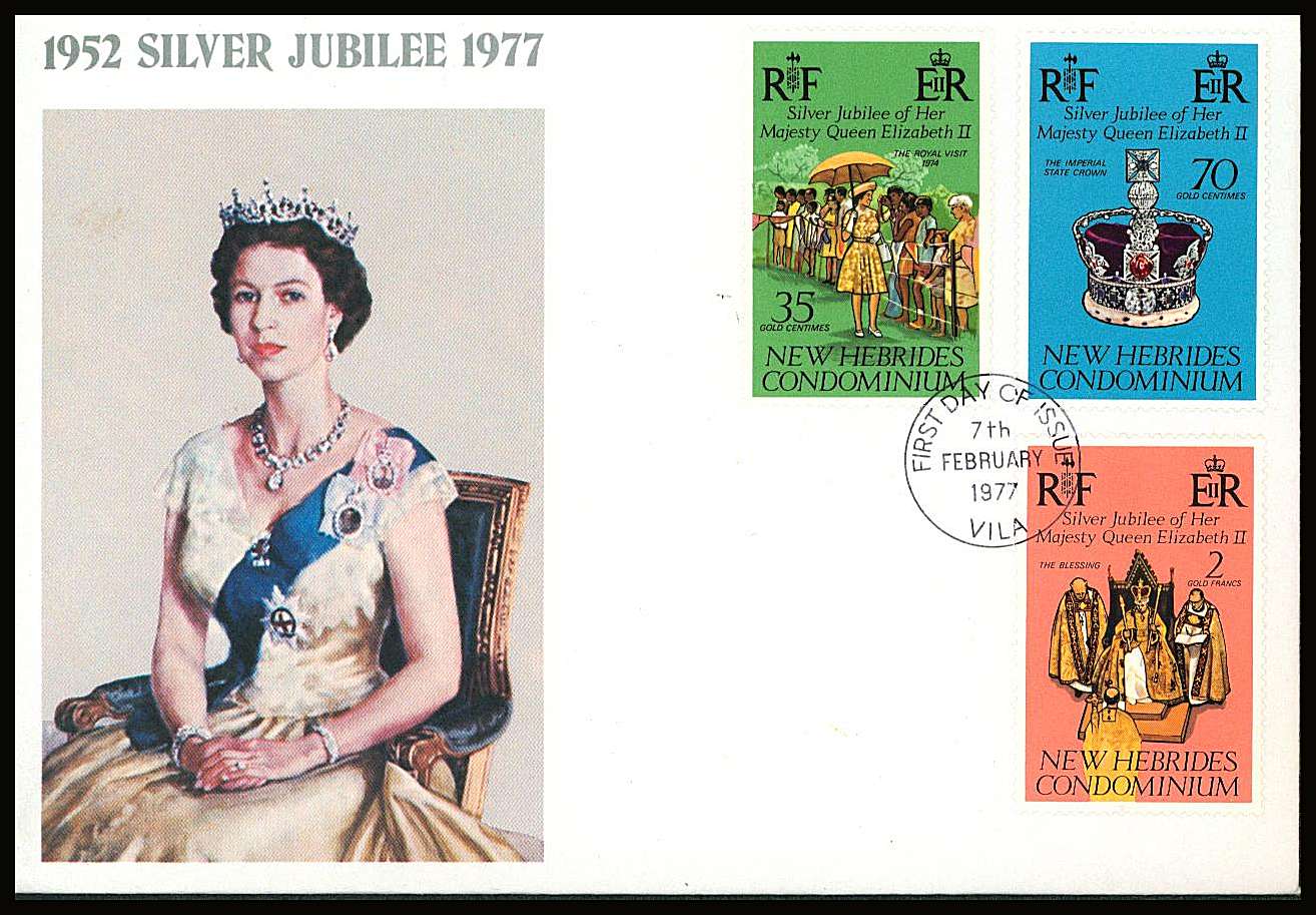 The Silver Jubilee set of three on a small neat colour First Day Cover.