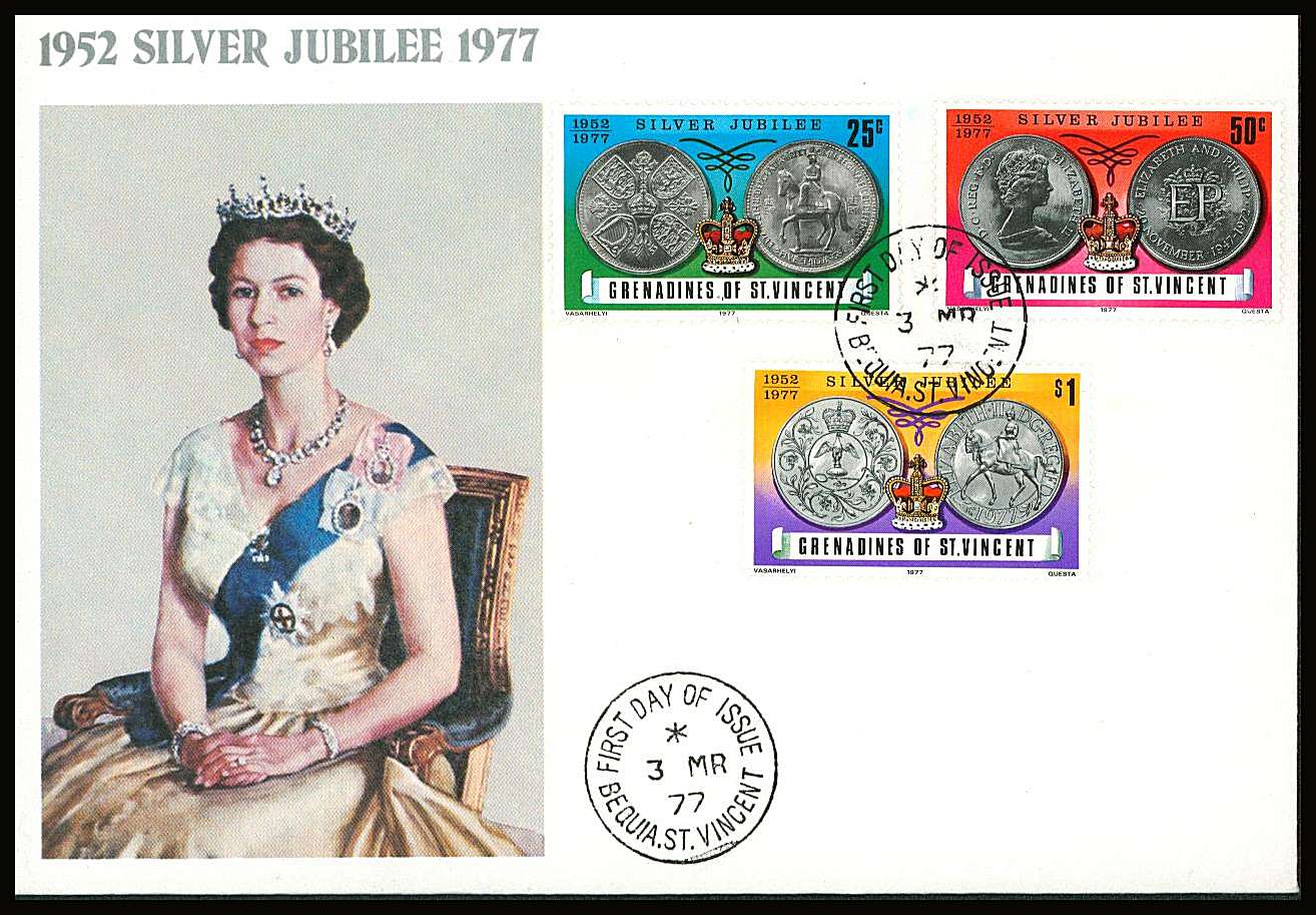 The Silver Jubilee set of three on a small neat colour First Day Cover.