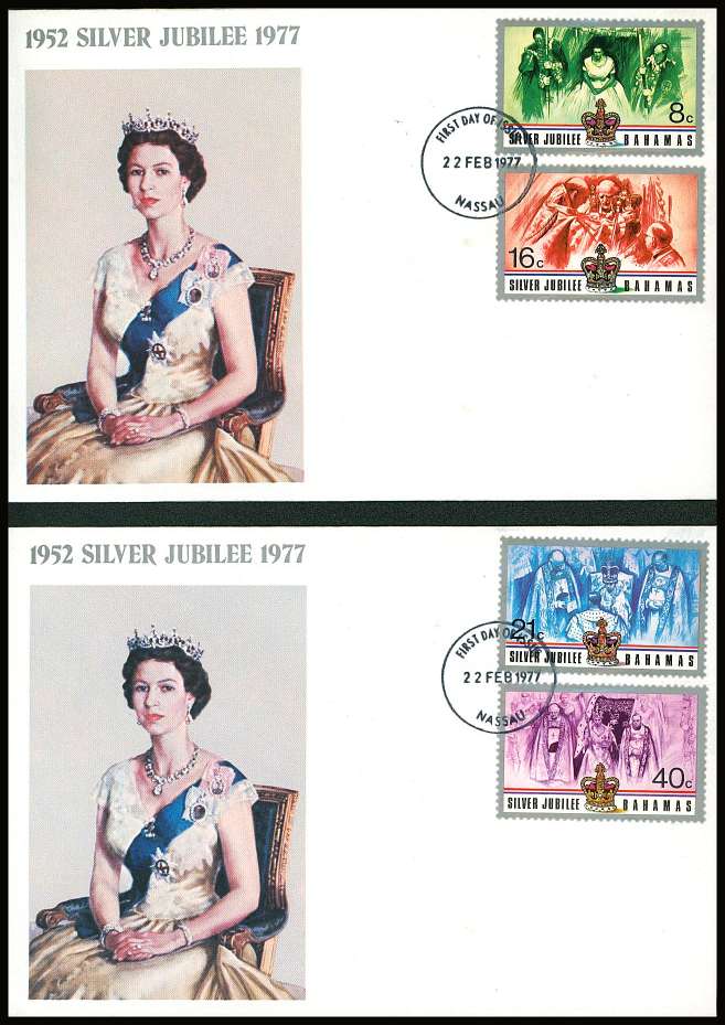 The Silver Jubilee set of four on a pair of small neat colour First Day Covers.