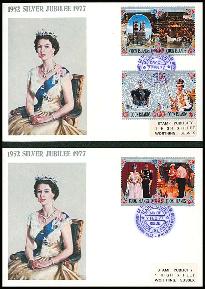 The Silver Jubilee set of six  on a pair of small neat colour First Day Covers.