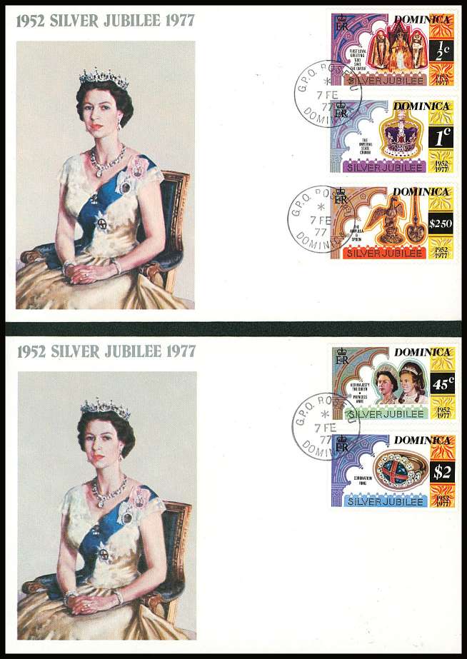 The Silver Jubilee set of five on a pair of small neat colour First Day Covers.