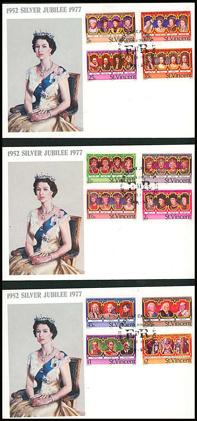 The Silver Jubilee set of twelve on a trio of three small neat colour First Day Covers.