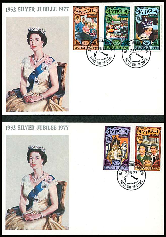 The Silver Jubilee set of five on a pair of small neat colour First Day Covers.