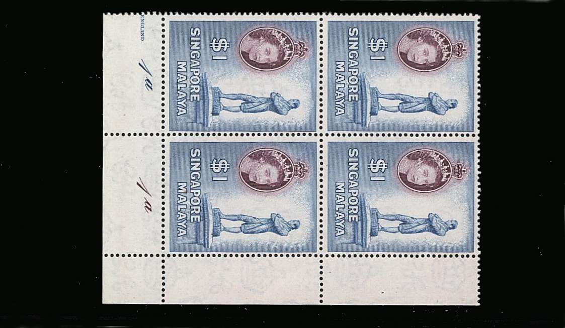 The $1 Blue and Deep Purple in a superb unmounted mint SE corner Plate (1a 1a) Block of four.<br/>SG Cat £160 for singles 
<br><b>QQM</b>