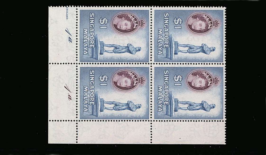 The $1 Blue and Deep Purple in a superb unmounted mint SE corner Plate (1a 1a) Block of four.<br/>SG Cat £160 for singles 
<br><b>QQM</b>