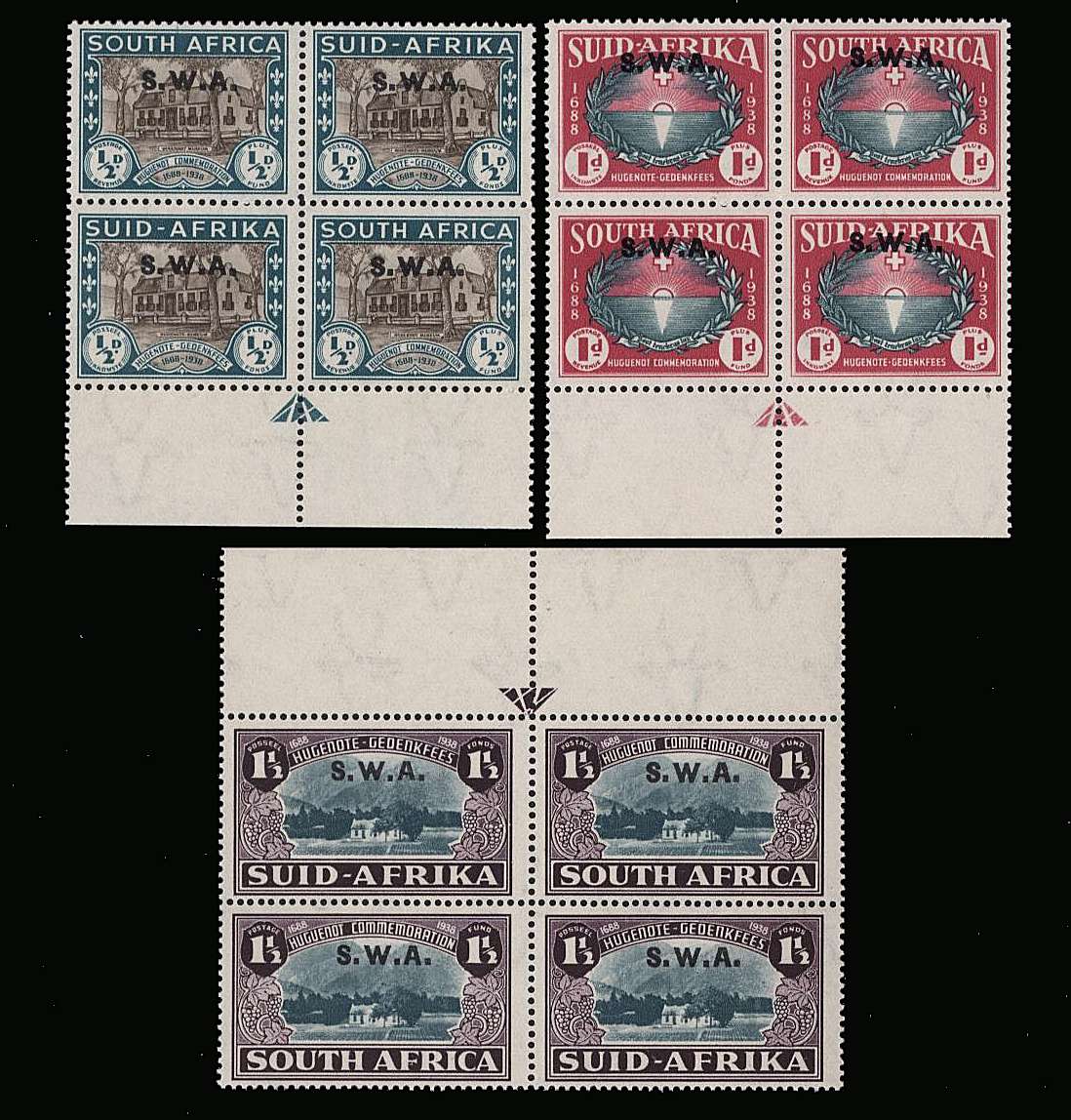 250th Anniversary of Landing of Huguenots<br/>
A superb unmounted mint set of three pairs in maginal ''arrow'' blocks of four.
<br><b>QQM</b>