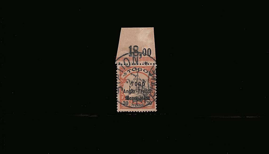 30pf Black and Orange on Buff<br/>
A superb fine used top marginal single. SG Cat £30
<br><b>QQM</b>