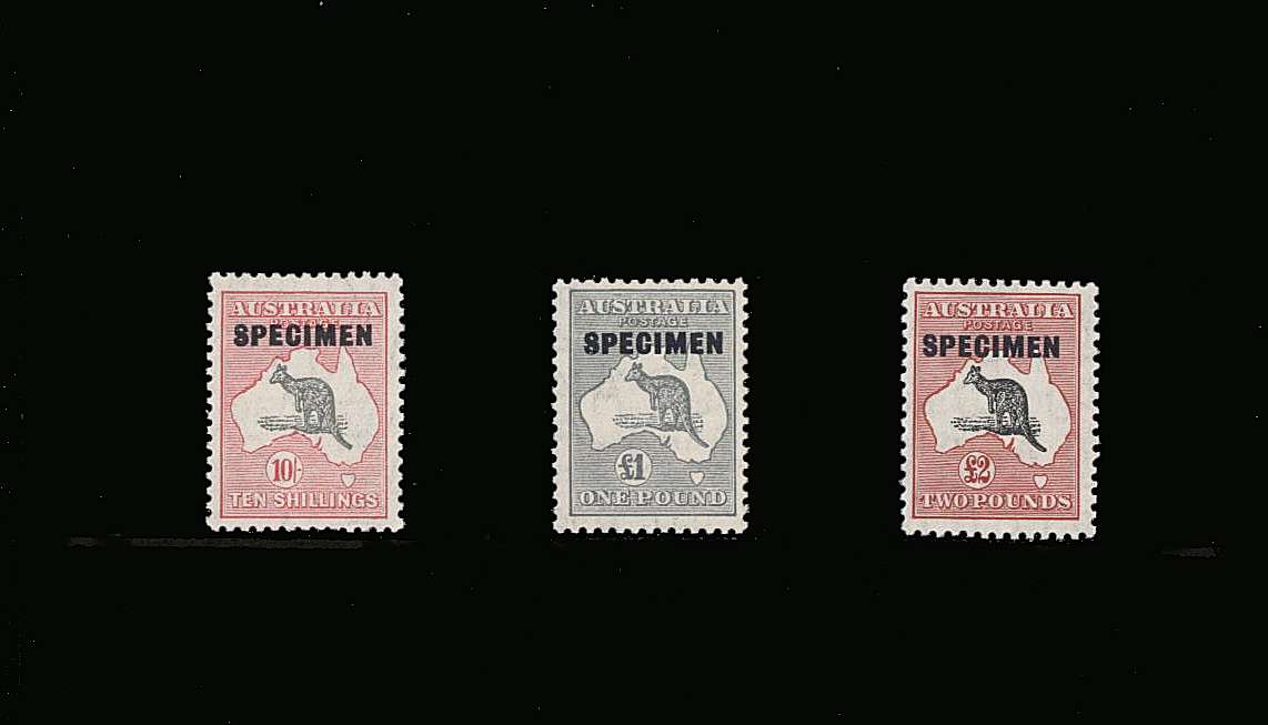 The ''Kangaroo'' ''SPECIMEN'' set of three superb unmounted mint.<br/>Seldom seen unmounted!<br/>
Note: These stamps without the overprint Cat at £5300++
<br><b>QQM</b>