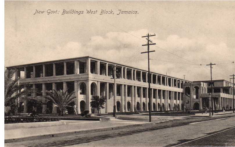 a mint, unused picture post card showing NEW GOVT BUILDINGS WEST BLOCK, JAMAICA. Printed by Nathan & Co Kingston