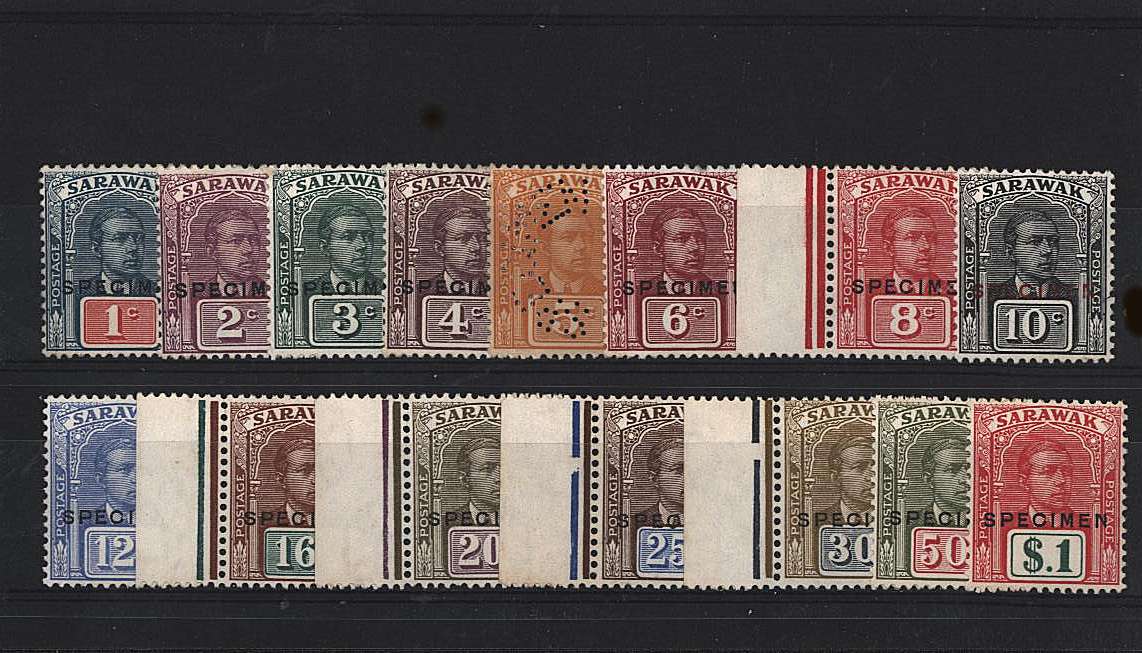 The Sir Charles Vyner Brooke set of fifteen oveprinted or perfined SPECIMEN and all superb unmounted mint with many being marginals.<br/>Very rare to find unmounted and quite probably a unique set!   
<br/><b>QQR</b>
