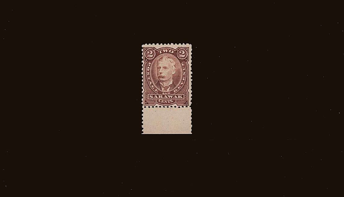Sir Charles Brooke<br/>
2c Brown-Red - No Watermark<br/>
<b>Second Printing - Perforation 12½</b><br/>
A very, very lightly mounted mint lower marginal single.
<br/><b>QQR</b>
