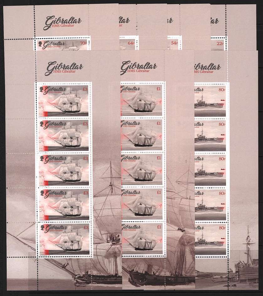 HMS Gibraltar ships in seven special sheetlets of five superb unmounted mint.