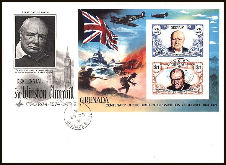 Churchill minisheet on an unaddressed illustrated First Day Cover.