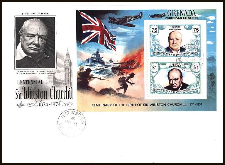 Churchill minisheet on an unaddressed illustrated First Day Cover.
