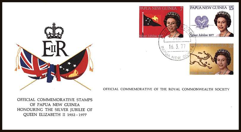 Silver Jubilee set of three on an unaddressed colour illustrated First Day Cover.