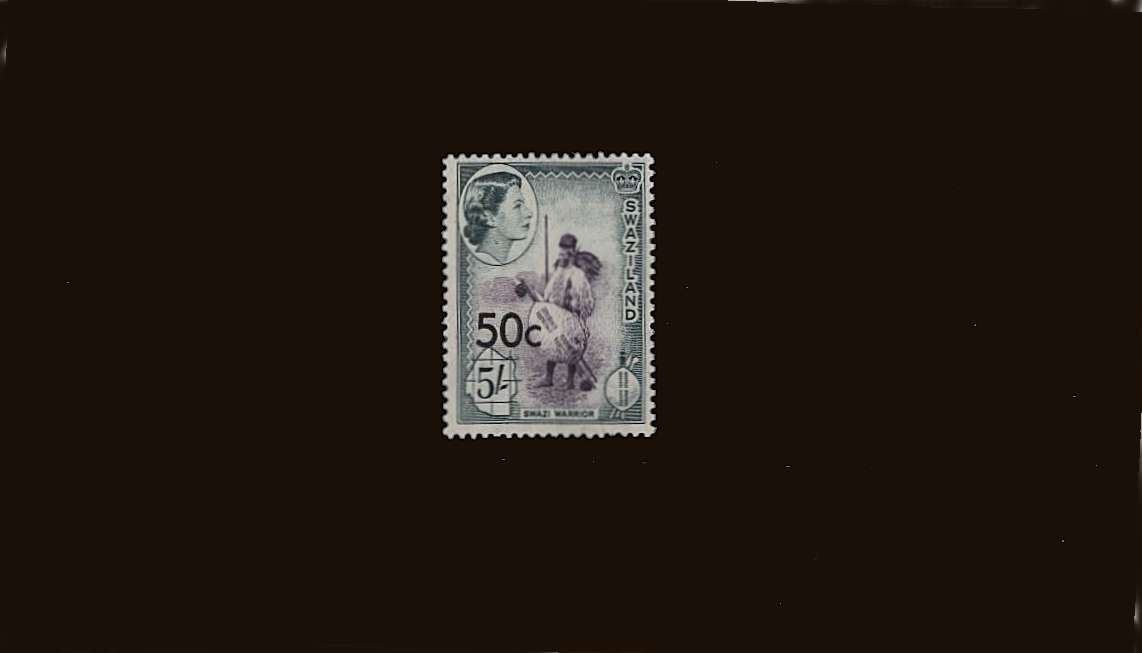 50c on 5/- Deep Lilac and
 Slate-Black<br/>
Type III<br/
A very fine lightly mounted mint single.<br/>SG Cat £1500  
<br/><b>QQS</b>
