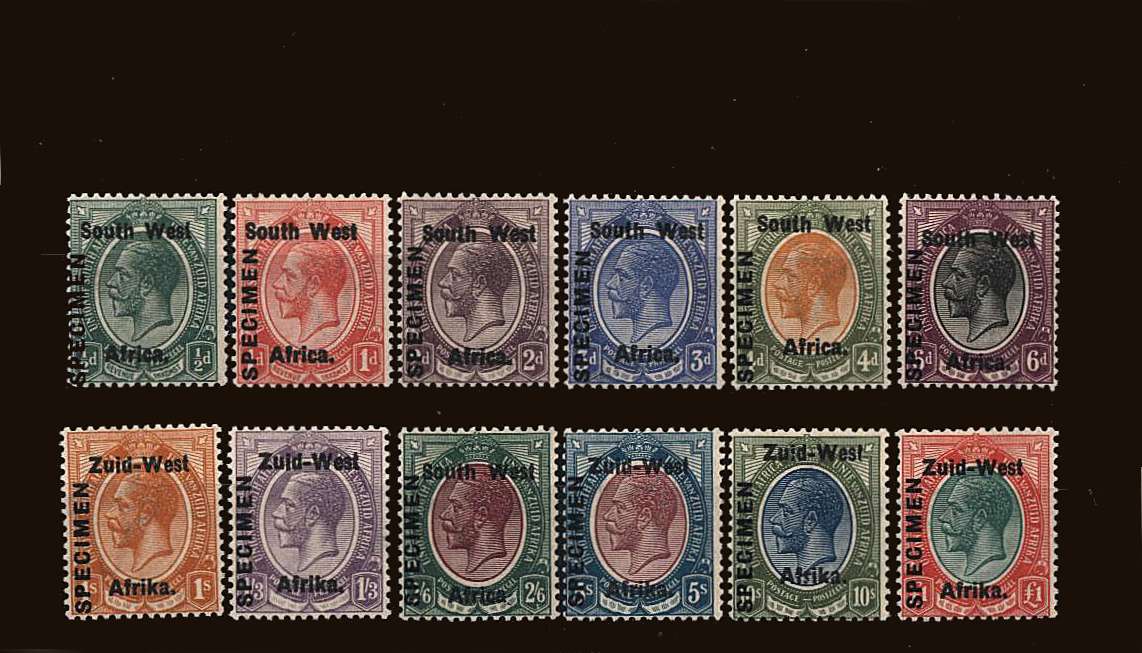 The First set of South West Africa overprinted ''SPECIMEN'' with most values being superb unmounted with the balance very lightly mounted. A superb, bright and fresh set.<br/>SG Cat �00 
<br/><b>QQS</b>