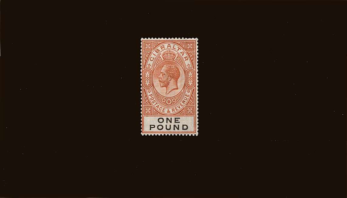 £1 Red-Orange and Black<br/>
A fine very lightly mounted mint single with a trace of a hinge.
<br/><b>QQS</b>