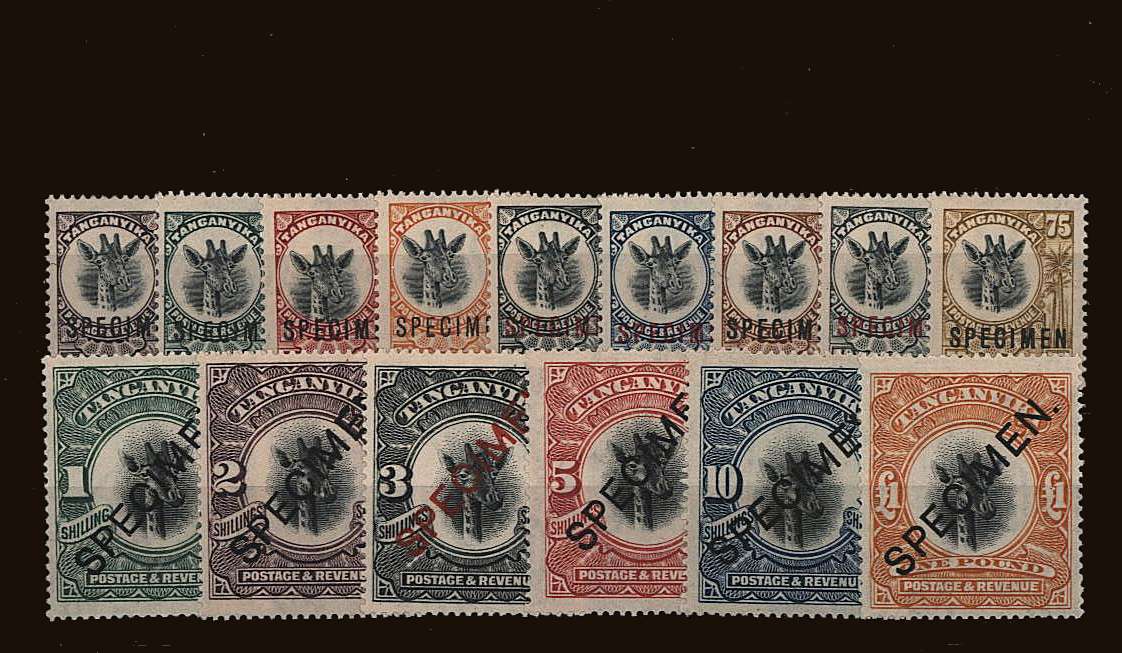 The famous ''Giraffe'' set of fifteen overprinted <br>''SPECIMEN''</b> fine mounted mint. Lovely colours!<br/>SG Cat £900
<br/><b>QQU</b>

