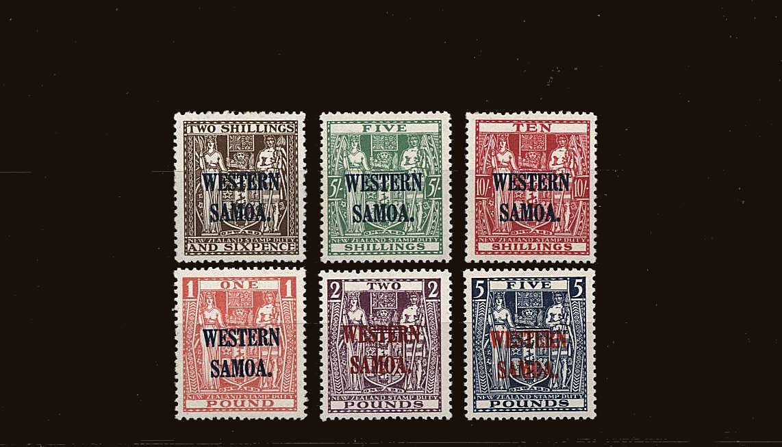The NEW ZEALAND ''Arms'' set of six overprinted ''WESTERN SAMOA''.<br/>
A fine lightly mounted mint set of six.<br/>SG Cat £547 
<br/><b>QQU</b>