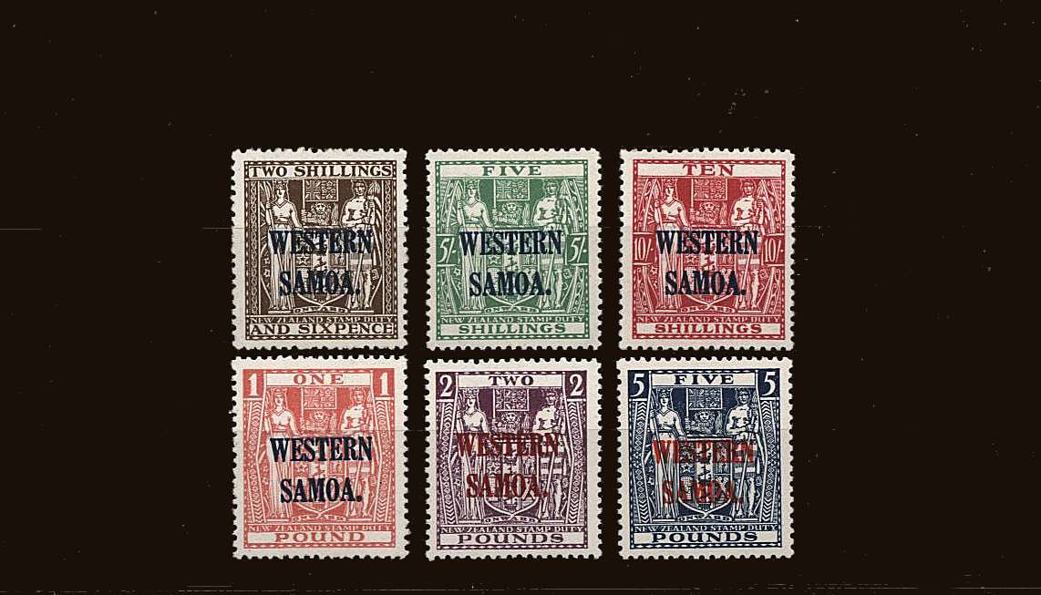 The NEW ZEALAND ''Arms'' set of six overprinted ''WESTERN SAMOA''.<br/>
A fine lightly mounted mint set of six.<br/>SG Cat £547 
<br/><b>QQU</b>