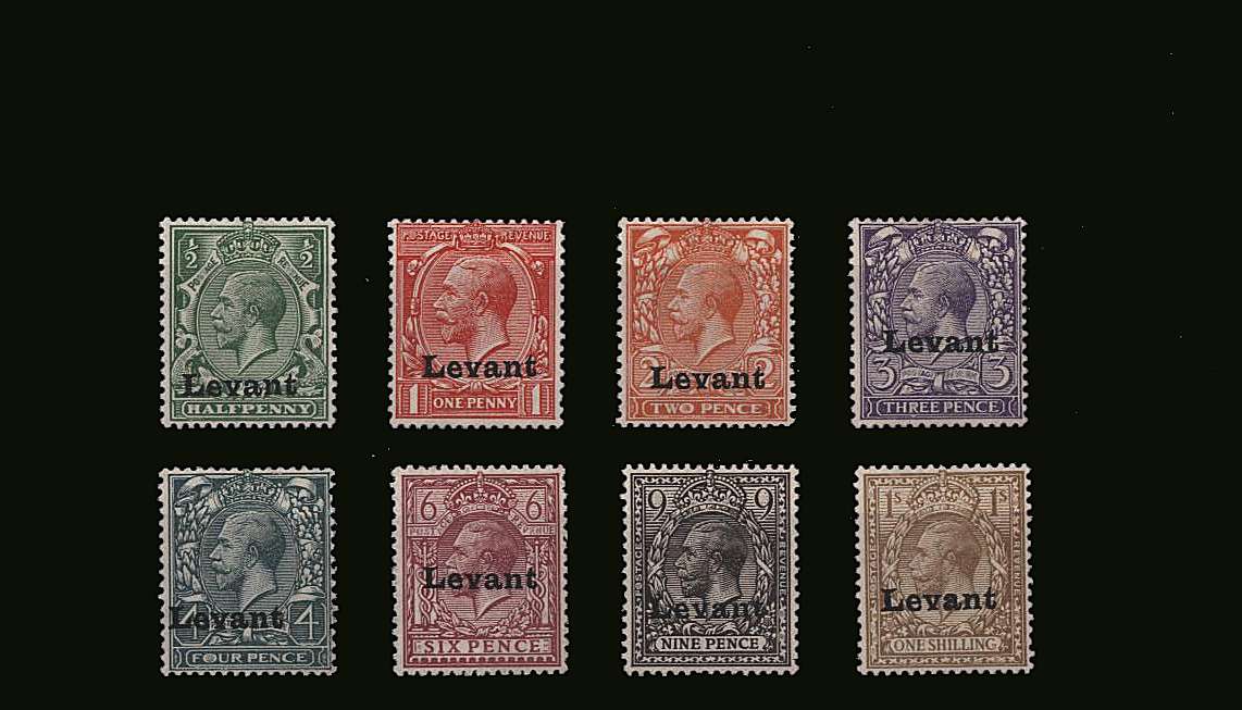 Set of eight overprinted ''LEVANT''. Each stamp is lightly mounted mint and signed on the back in light pencil by probably the expert Gugielmo Oliva. A gem set and is the whole ''country'' complete!<br/>SG Cat 1400
<br/><b>QQV</b>