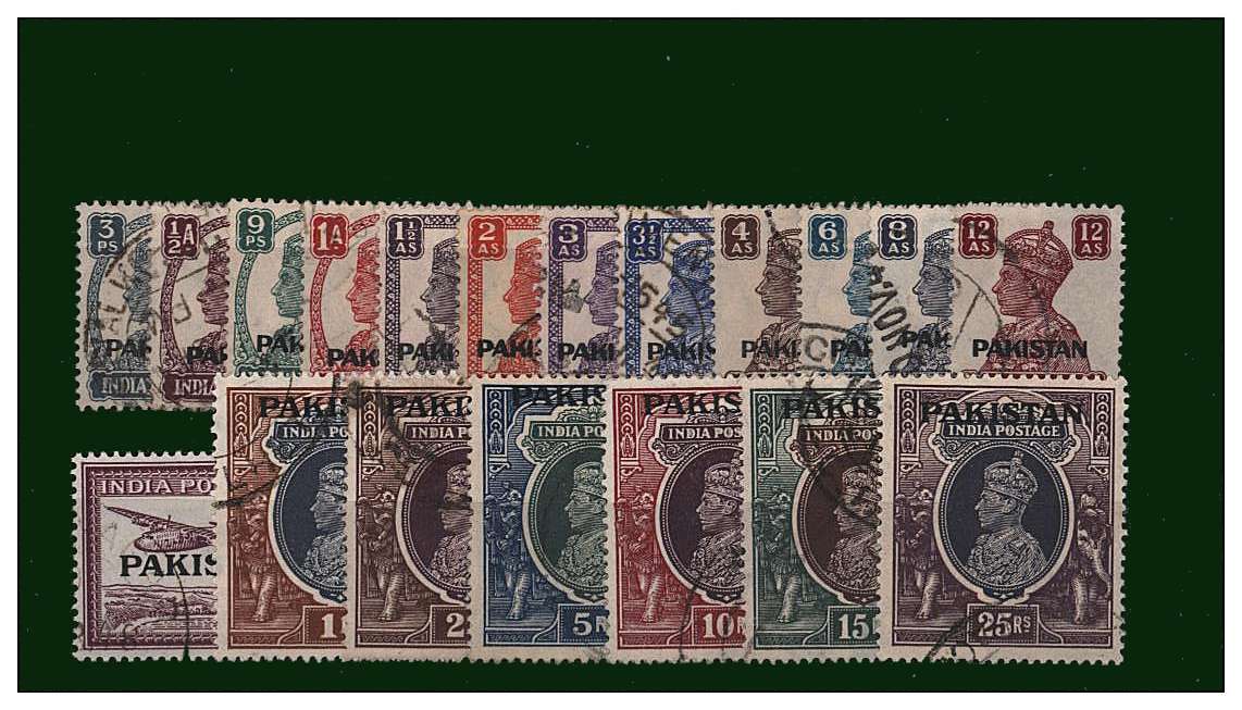 The first set of PAKISTAN overprinted on the stamps of INDIA.<br/>A fine used set of nineteen.<br/>SG Cat �0 
<br/><b>QQF</b>