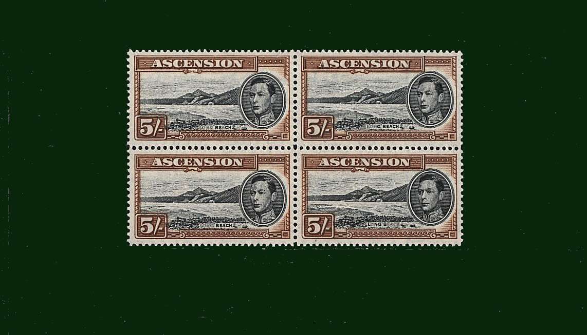 5/- Black and Yellow-Brown
<br/> Perforation 13<br/>
In a superb unmounted mint block of four.<br/><b>BBD</b>