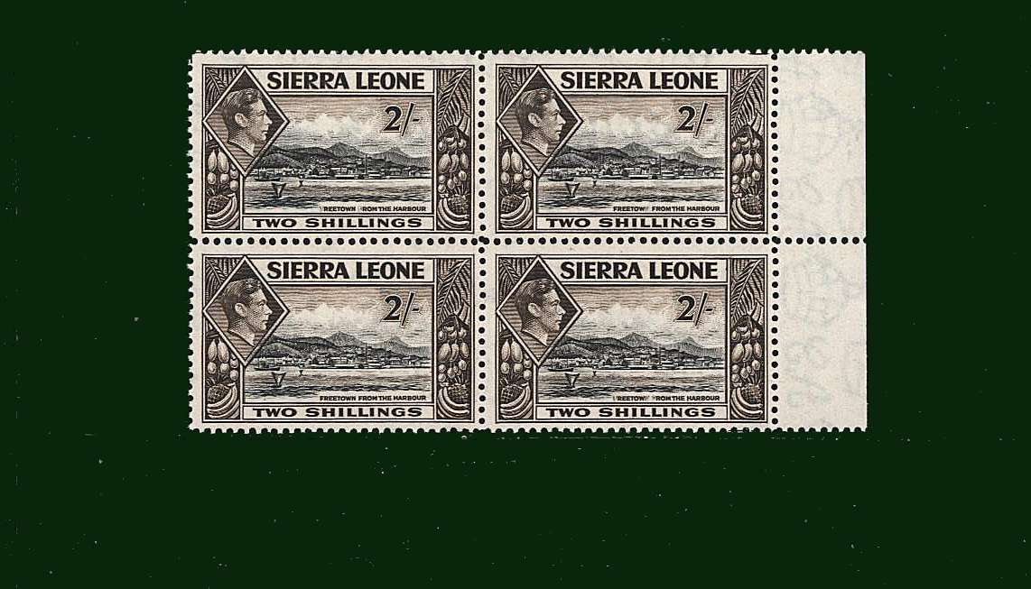 2/- Black and Sepia<br/>In a superb unmounted mint right side marginal block of four.<br/><b>BBD</b>