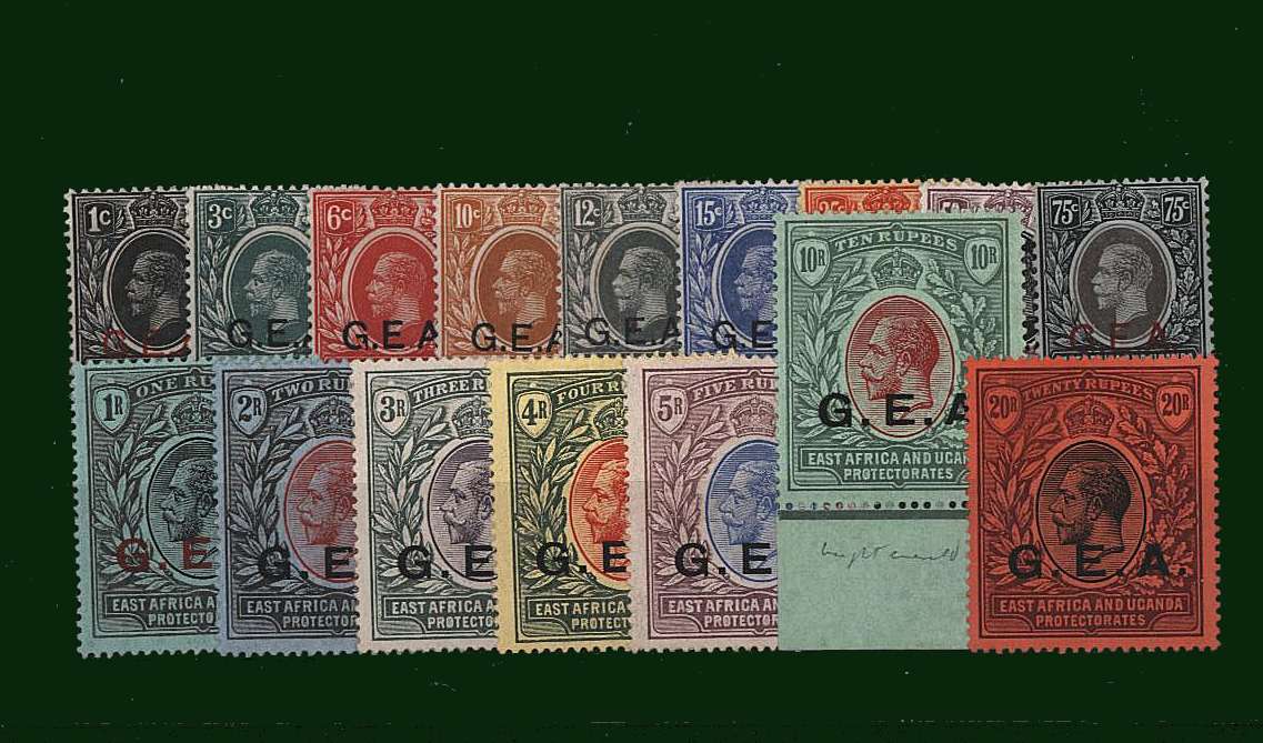 The ''G.E.A.'' overprint set of fifteen to the 20R value. The set is lightly mounted mint with the bonus of the 10r MARGINAL on Emerald Back paper. SG Cat circa 700

<br/><b>BBD</b>
