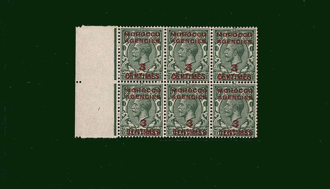 3c on ½d Green<br/>
A superb unmounted mint left side marginal block of six.<br/>
SG Cat £21
<br/><b>BBD</b>