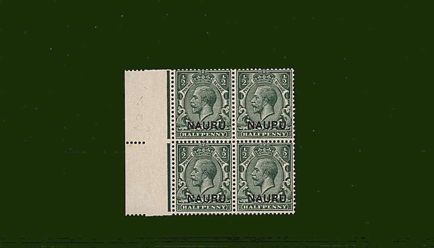 ½d Yellow-Green in a superb unmouted mint<br/>left side marginal block of four showing the <b>NAUP.U</b> variety.<br/>SG Cat for mounted £450+
<br><b>BBG</b>