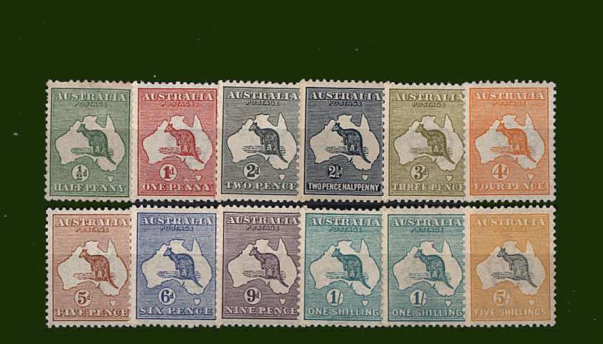 The first Kangaroos set of twelve to the 5/- Grey and Yellow mounted mint.<br/>SG Cat circa £1500
<br><b>BBG</b>