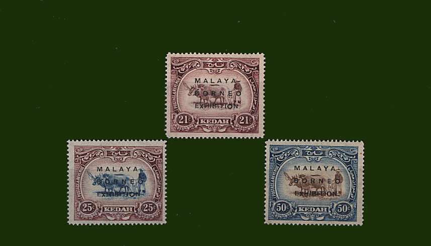 The <b>MALAYA BORNEO EXHIBITION</b> overprint set of three<br/>superb unmounted mint.<br/>Rare to find unmounted! 
<br><b>BBG</b>