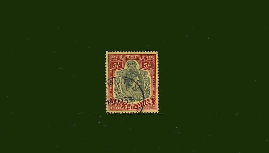 5/- Green and Scarlet on Yellow - Perforation 13<br/>A superb fine used single with shortish perf at right.<br/>SG Cat £75
<br><b>BBG</b>