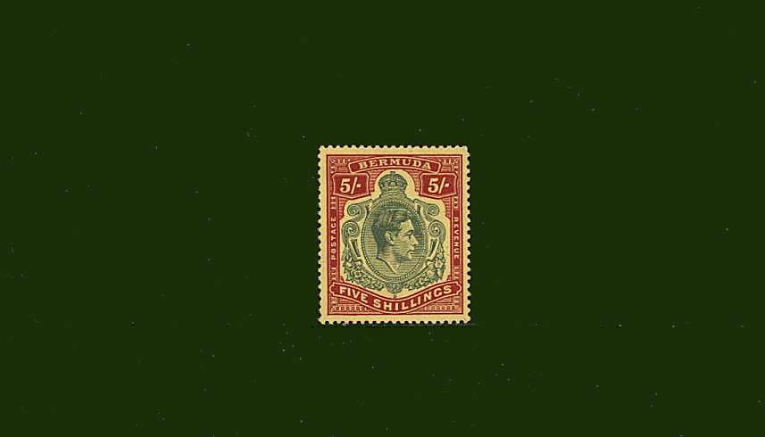 5/- Green and Scarlet on Yellow - Perforation 13<br/>A superb unmounted mint single
<br><b>BBG</b>