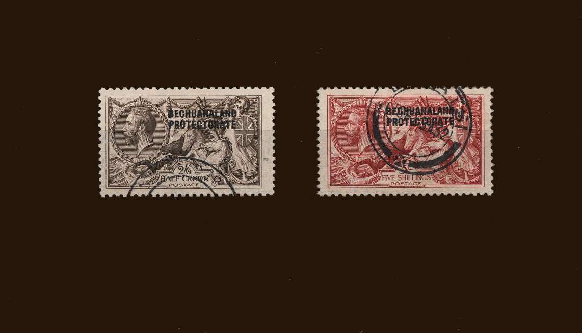 2/6d Chocolate-Brown and 5/- Rose-Carmine ''Seahorses''<br/>Printed by Bradbury, Wilkinson<br/>
A superb fine used set of two each cancelled with a double ring CDS.<br/>A superb well centered set! 
<br/>SG Cat 435


<br/><b>BBM</b>