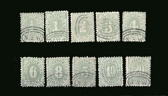The <b>POSTAGE DUE</b> set of ten each cancelled with N.S.W.<br/>in three concentric rings.<br/>A beautiful cancelled-to-order set.<br/>
SG Cat 320+ ignoring any better perf types!   
<br/><b>BBP</b>