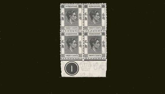 20c Black <br/>in a superb unmounted mint Plate block of four.<br/><b>BBT</b>