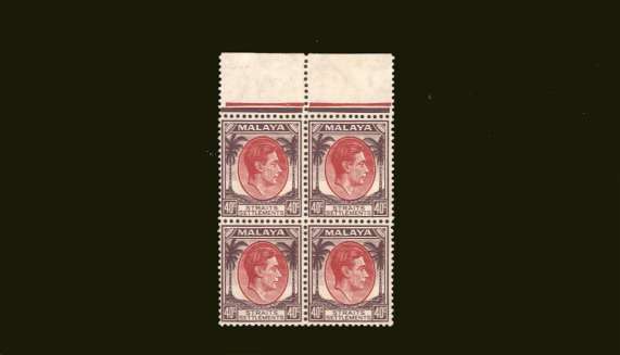 40c Scarlet and Dull Purple in a superb unmouted mint top marginal block of four.

<br/><b>BBT</b>