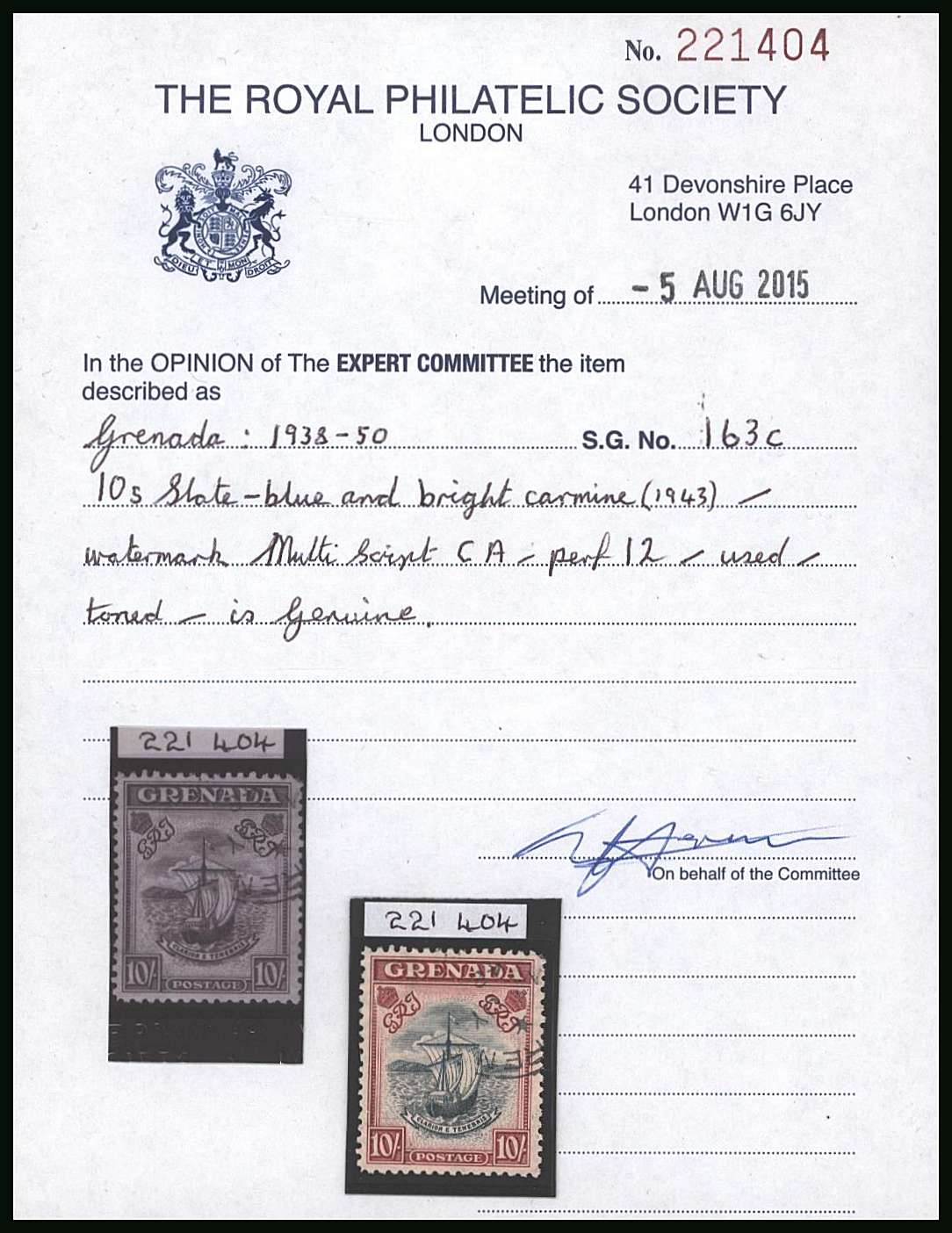 10/- Slate-Blue and Bright Carmine - Narrow - Perforation 12<br/>
A superb fine used stamp cancelled with a light CDS and the benefit of a RPS Certificate.<br/>Bizarrely  the certificate states ''toned'' - not in the slightest!!
<br/><b>BBQ</b>