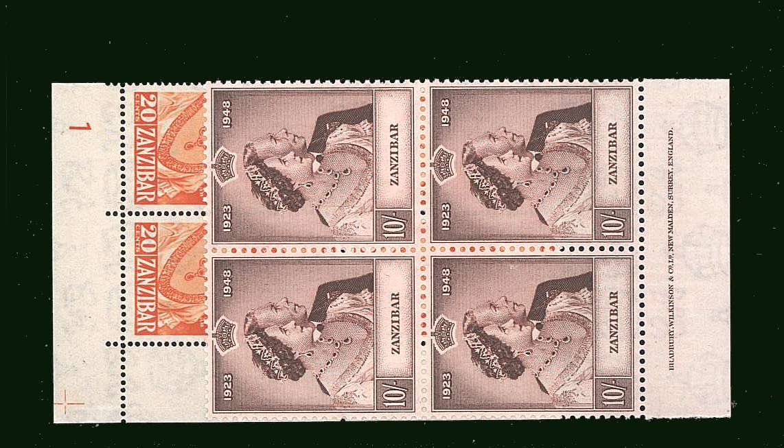 The 1948 Royal Silver Wedding set of two<br/>in superb unmounted mint blocks of four with the bonus of the 20c being a corner<br/>cylinder and the 10/- value showing a complete imprint.<br/><b>SEARCH CODE: 1948RSW</b><br><b>BBQ</b>