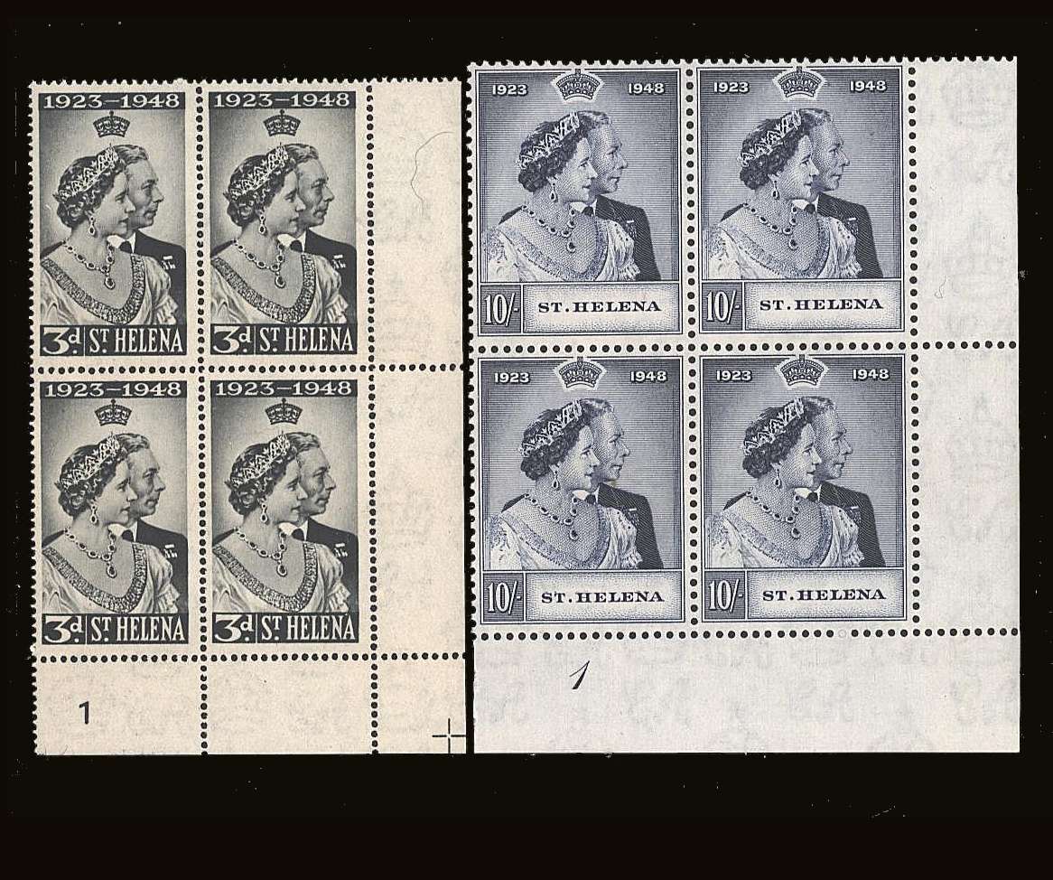 The 1948 Royal Silver Wedding set of two superb unmounted mint<br/><b>PLATE and CYLINDER</b> corner blocks of four.<br/><b>SEARCH CODE: 1948RSW</b><br/><b>BBQ</b>