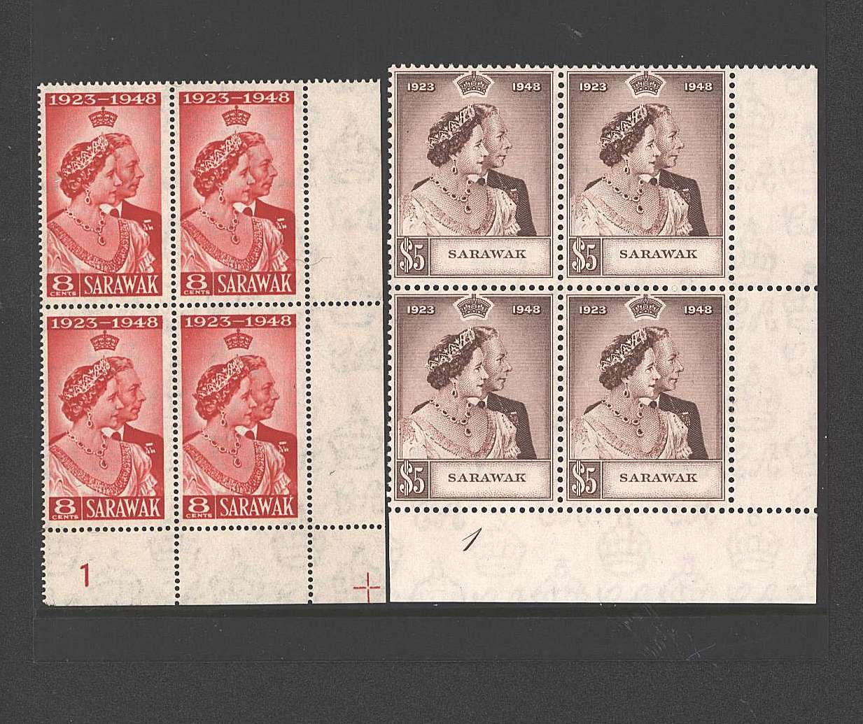 The 1948 Royal Silver Wedding set of two superb unmounted mint<br/><b>PLATE and CYLINDER</b> corner blocks of four.<br/><b>SEARCH CODE: 1948RSW</b><br/><b>BBQ</b>